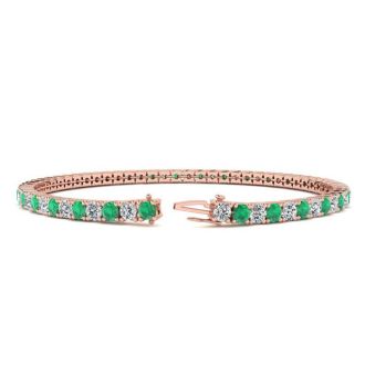 5 Carat Emerald And Diamond Tennis Bracelet In 14 Karat Rose Gold, 8 1/2 Inches