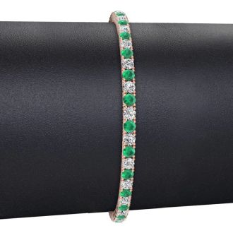 5 Carat Emerald And Diamond Tennis Bracelet In 14 Karat Rose Gold, 8 1/2 Inches