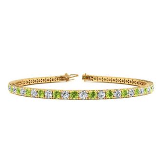 4 1/2 Carat Peridot And Diamond Tennis Bracelet In 14 Karat Yellow Gold, 8 Inches
