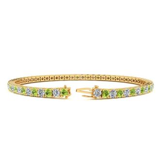 4 1/2 Carat Peridot And Diamond Tennis Bracelet In 14 Karat Yellow Gold, 8 Inches