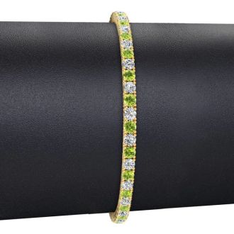 4 1/2 Carat Peridot And Diamond Tennis Bracelet In 14 Karat Yellow Gold, 8 Inches