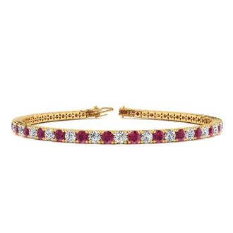 Ruby Bracelet; Ruby Tennis Bracelet; 4 1/2 Carat Ruby And Diamond Tennis Bracelet In 14 Karat Yellow Gold