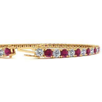 Ruby Bracelet; Ruby Tennis Bracelet; 5 Carat Ruby And Diamond Tennis Bracelet In 14 Karat Yellow Gold