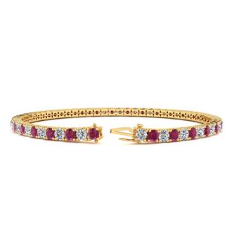 Ruby Bracelet; Ruby Tennis Bracelet; 6 Carat Ruby And Diamond Tennis Bracelet In 14 Karat Yellow Gold