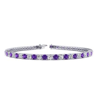 4 1/4 Carat Amethyst And Diamond Tennis Bracelet In 14 Karat White Gold, 7 1/2 Inches