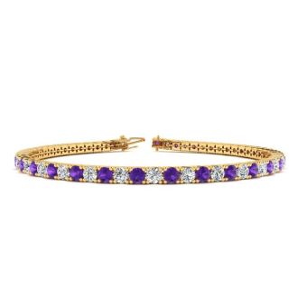 4 1/4 Carat Amethyst And Diamond Tennis Bracelet In 14 Karat Yellow Gold, 7 1/2 Inches