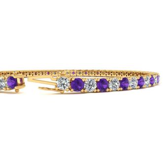 4 1/4 Carat Amethyst And Diamond Tennis Bracelet In 14 Karat Yellow Gold, 7 1/2 Inches