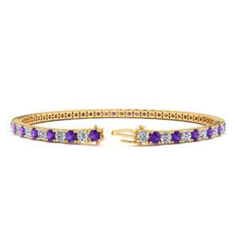 4 1/2 Carat Amethyst And Diamond Tennis Bracelet In 14 Karat Yellow Gold, 8 Inches