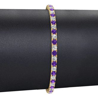 4 1/2 Carat Amethyst And Diamond Tennis Bracelet In 14 Karat Yellow Gold, 8 Inches