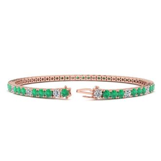 4 1/3 Carat Emerald And Diamond Alternating Tennis Bracelet In 14 Karat Rose Gold, 7 Inches