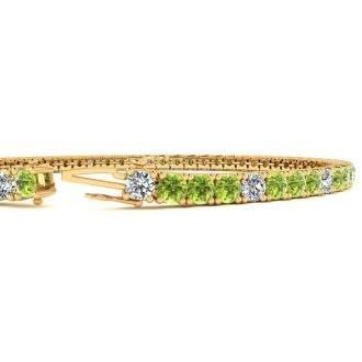 3 1/2 Carat Peridot And Diamond Alternating Tennis Bracelet In 14 Karat Yellow Gold, 6 Inches