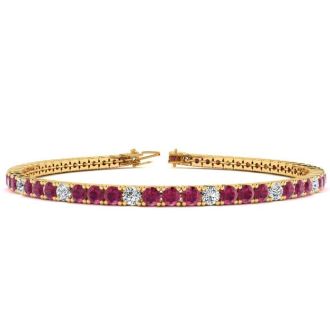 Ruby Bracelet; Ruby Tennis Bracelet; 5 Carat Ruby And Diamond Alternating Tennis Bracelet In 14 Karat Yellow Gold