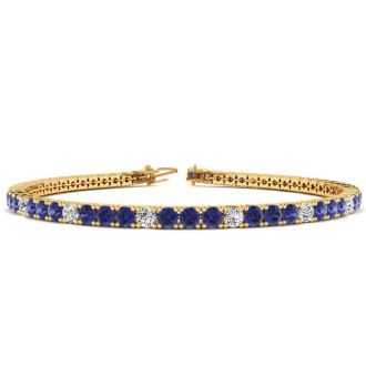 5 1/4 Carat Tanzanite And Diamond Alternating Tennis Bracelet In 14 Karat Yellow Gold, 7 1/2 Inches