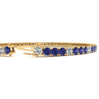 5 1/4 Carat Tanzanite And Diamond Alternating Tennis Bracelet In 14 Karat Yellow Gold, 7 1/2 Inches