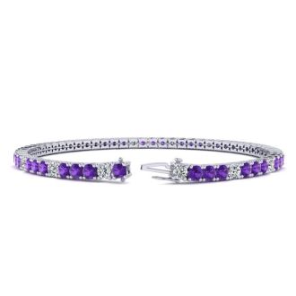 4 Carat Amethyst And Diamond Alternating Tennis Bracelet In 14 Karat White Gold, 7 Inches