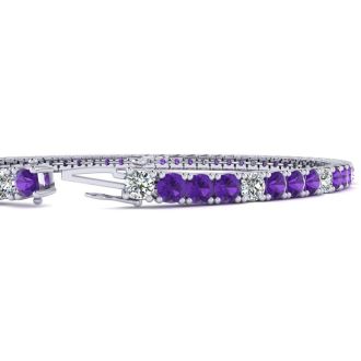 4 Carat Amethyst And Diamond Alternating Tennis Bracelet In 14 Karat White Gold, 7 Inches