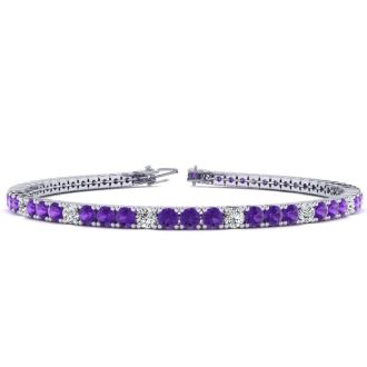 4 1/2 Carat Amethyst And Diamond Alternating Tennis Bracelet In 14 Karat White Gold, 8 Inches