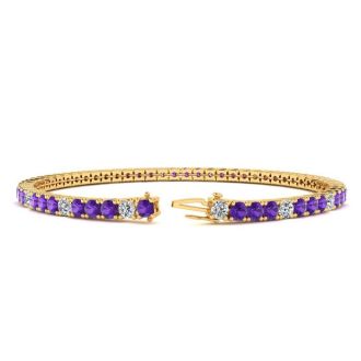4 Carat Amethyst And Diamond Alternating Tennis Bracelet In 14 Karat Yellow Gold, 7 Inches