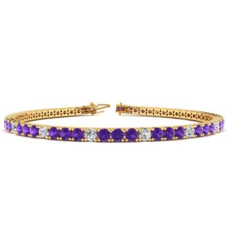 4 1/4 Carat Amethyst And Diamond Alternating Tennis Bracelet In 14 Karat Yellow Gold, 7 1/2 Inches