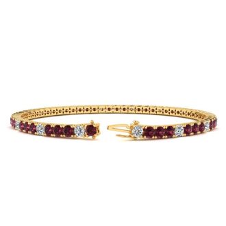 Garnet Bracelet: Garnet Jewelry: 4 1/3 Carat Garnet And Diamond Alternating Tennis Bracelet In 14 Karat Yellow Gold, 7 Inches