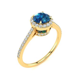 1 Carat Blue Diamond Halo Engagement Ring in 14k Yellow Gold