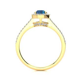 1 Carat Blue Diamond Halo Engagement Ring in 14k Yellow Gold