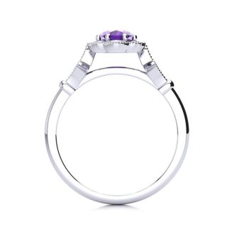 3/4 Carat Oval Shape Amethyst and Halo Diamond Vintage Ring In 14 Karat White Gold