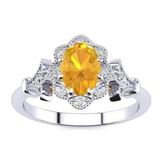 1 Carat Oval Shape Citrine and Halo Diamond Vintage Ring In 14 Karat White Gold