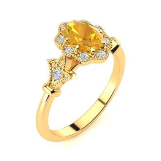 1 Carat Oval Shape Citrine and Halo Diamond Vintage Ring In 14 Karat Yellow Gold
