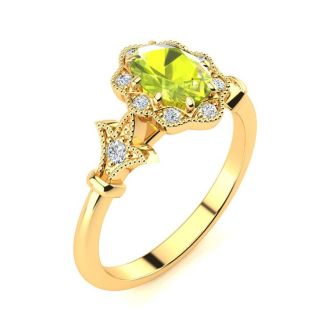 1 Carat Oval Shape Peridot and Halo Diamond Vintage Ring In 14 Karat Yellow Gold