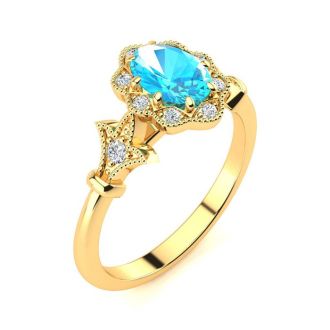 1 Carat Oval Shape Blue Topaz and Halo Diamond Vintage Ring In 14 Karat Yellow Gold