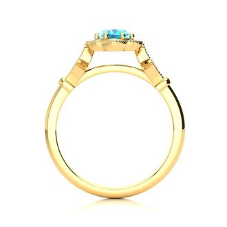 1 Carat Oval Shape Blue Topaz and Halo Diamond Vintage Ring In 14 Karat Yellow Gold