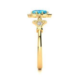 1 Carat Oval Shape Blue Topaz and Halo Diamond Vintage Ring In 14 Karat Yellow Gold