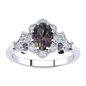 3/4 Carat Oval Shape Mystic Topaz and Halo Diamond Vintage Ring In 14 Karat White Gold