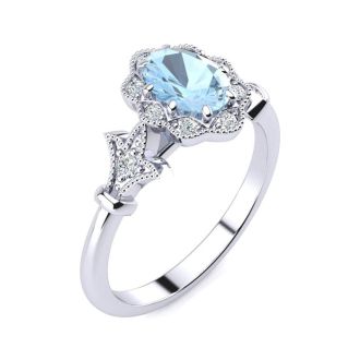 Aquamarine Ring: Aquamarine Jewelry: 1 Carat Oval Shape Aquamarine and Halo Diamond Vintage Ring In 14 Karat White Gold
