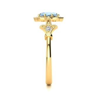 Aquamarine Ring: Aquamarine Jewelry: 1 Carat Oval Shape Aquamarine and Halo Diamond Vintage Ring In 14 Karat Yellow Gold