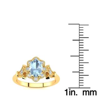 Aquamarine Ring: Aquamarine Jewelry: 1 Carat Oval Shape Aquamarine and Halo Diamond Vintage Ring In 14 Karat Yellow Gold
