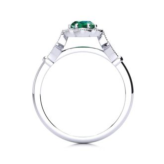 1 Carat Oval Shape Emerald and Halo Diamond Vintage Ring In 14 Karat White Gold