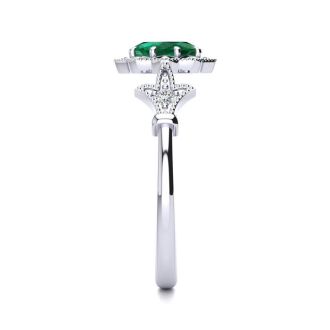 1 Carat Oval Shape Emerald and Halo Diamond Vintage Ring In 14 Karat White Gold