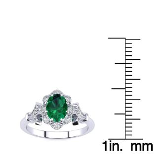 1 Carat Oval Shape Emerald and Halo Diamond Vintage Ring In 14 Karat White Gold