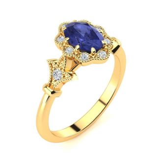 1 Carat Oval Shape Tanzanite and Halo Diamond Vintage Ring In 14 Karat Yellow Gold