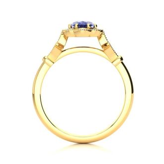 1 Carat Oval Shape Tanzanite and Halo Diamond Vintage Ring In 14 Karat Yellow Gold