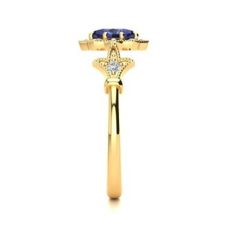 1 Carat Oval Shape Tanzanite and Halo Diamond Vintage Ring In 14 Karat Yellow Gold