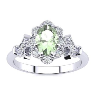 3/4 Carat Oval Shape Green Amethyst and Halo Diamond Vintage Ring In 14 Karat White Gold