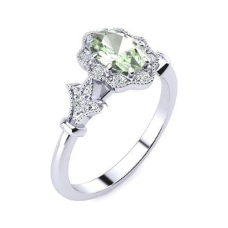 3/4 Carat Oval Shape Green Amethyst and Halo Diamond Vintage Ring In 14 Karat White Gold