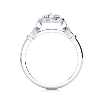 3/4 Carat Oval Shape Green Amethyst and Halo Diamond Vintage Ring In 14 Karat White Gold