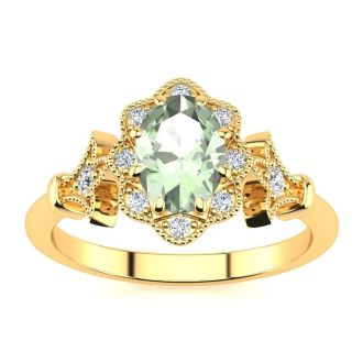 3/4 Carat Oval Shape Green Amethyst and Halo Diamond Vintage Ring In 14 Karat Yellow Gold