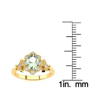 3/4 Carat Oval Shape Green Amethyst and Halo Diamond Vintage Ring In 14 Karat Yellow Gold