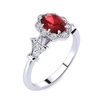 1 Carat Oval Shape Ruby and Halo Diamond Vintage Ring In 14 Karat White Gold