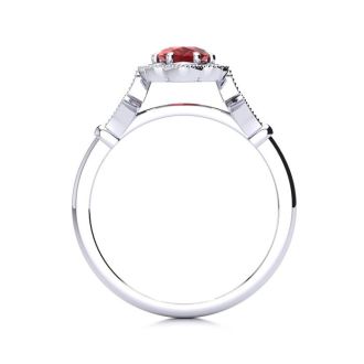 1 Carat Oval Shape Ruby and Halo Diamond Vintage Ring In 14 Karat White Gold